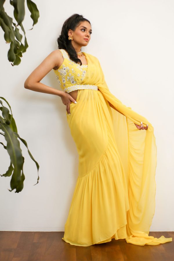 Yellow Pre- Stitched Ruffled Saree and Blouse