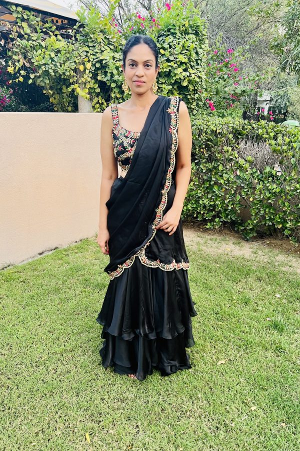 Black Pre- Stitched Waterfall Draped Saree and Blouse