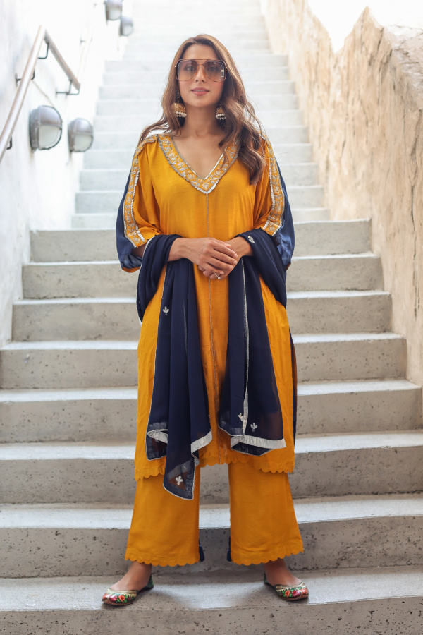 Maya Jewel Double Toned Mustard Yellow and Blue Kurta Set