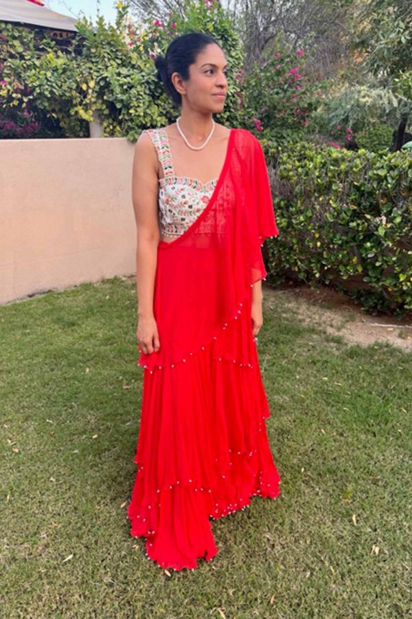 Orange and Cream Pre- Stitched Waterfall Draped Saree and Blouse