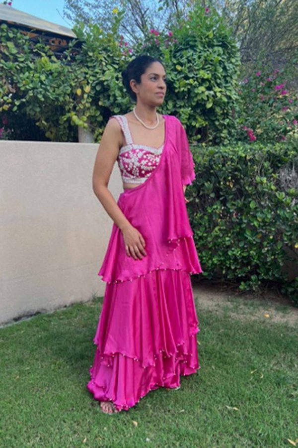 Pink Pre- Stitched Waterfall Draped Saree and Blouse