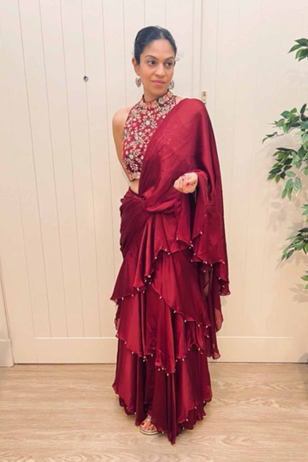 Wine Colored Pre- Stitched Waterfall Draped Saree and Blouse