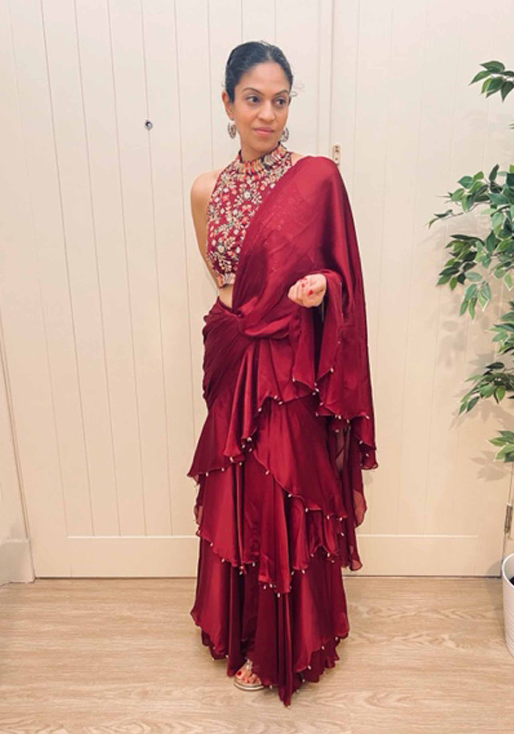Wine-Colored-Pre--Stitched-Waterfall-Draped-Saree-and-Blouse-1