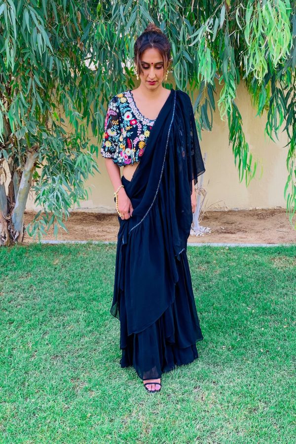 Black Pre- Stitched Ruffled Saree and Crop Blouse