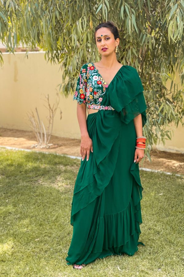 Emerald Green Pre- Stitched Ruffled Saree and Blouse