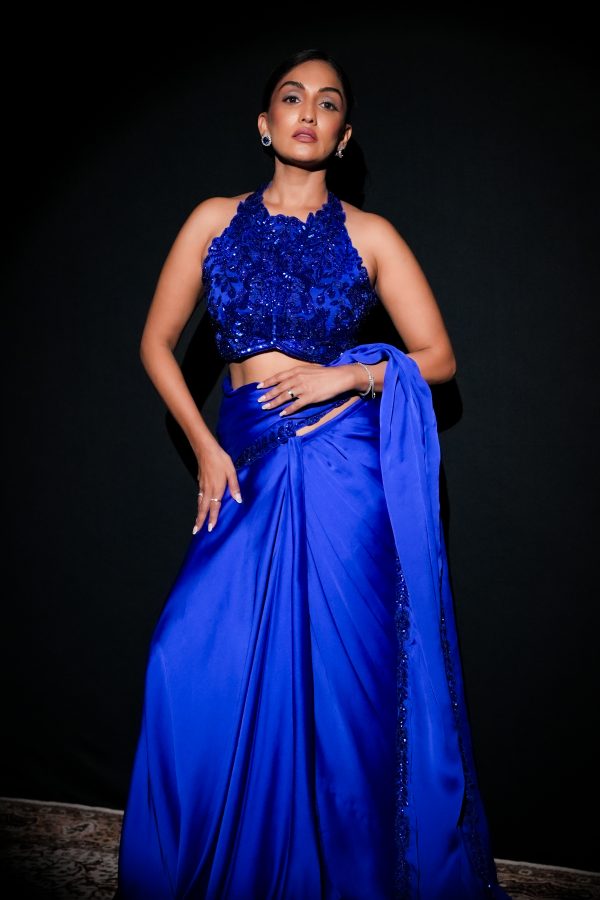 Cobalt Blue Hand Embroidered Blouse with Pre Draped Saree